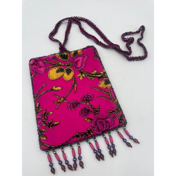 Vintage-Inspired Hot Pink Velvet & Beaded Evening Bag Boho Floral Embroidery & B - Picture 1 of 4